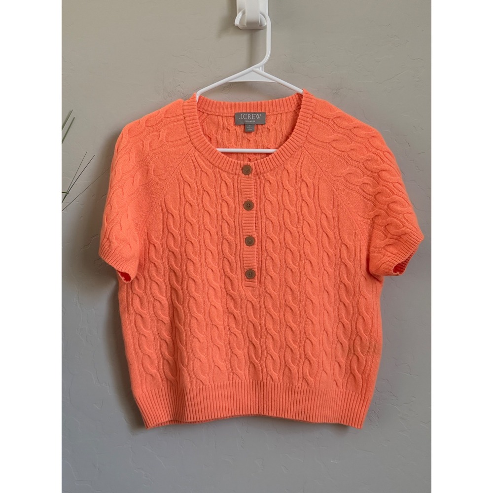 J.Crew Cashmere Short Sleeve Cable Knit Henley Sweater Orange BH453 Womens M